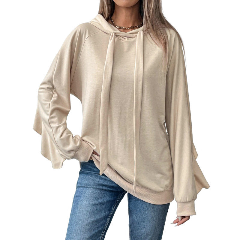 Hoodie With Drawstrings Ruffled Thin Sweater For Women