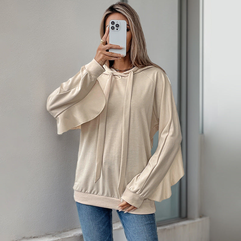 Hoodie With Drawstrings Ruffled Thin Sweater For Women